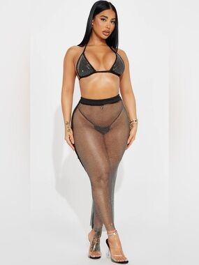 Black Rhinestone Mesh Bikini Set with Maxi Cover Skirt